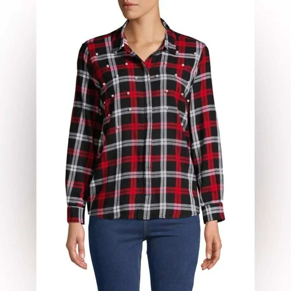 JAK&RAE Larue Faux Pearl-Embellished Cotton Button-Down Shirt Red Size Medium